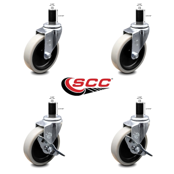 4 Inch Thermoplastic Wheel 1-3/8 Inch Expanding Stem Caster Set with 2 Brakes